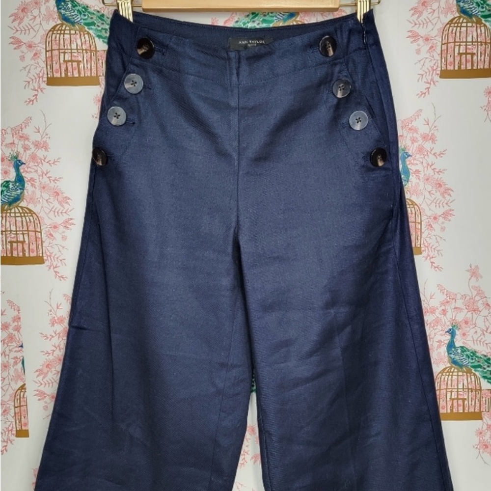 Sale! Ann Taylor Petite Sailor Wide Leg Crop Linen Pants Coastal